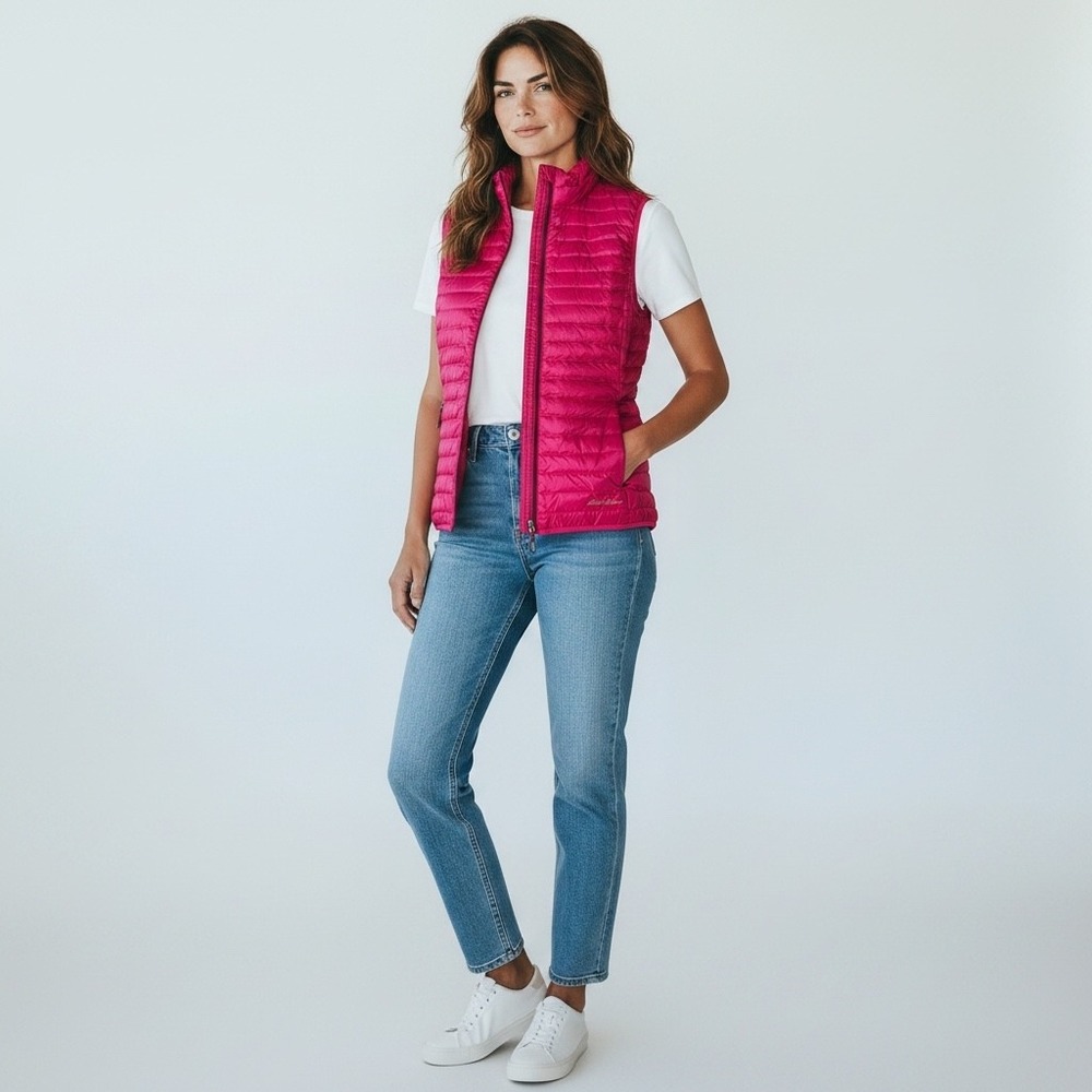 Eddie Bauer Women Pink EB700 Down Puffer Vest Large MicroTherm FreeFuse